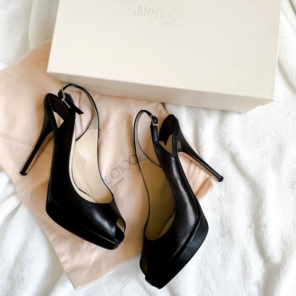 Jimmy Choo black soft matte leather Slingback peep toe heels